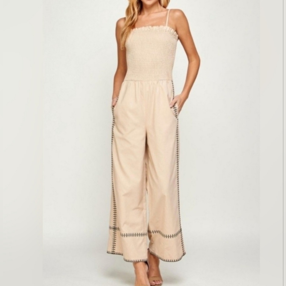 New Lunisol Brown Stitched Linen Jumpsuit, NWOT - Sz Medium